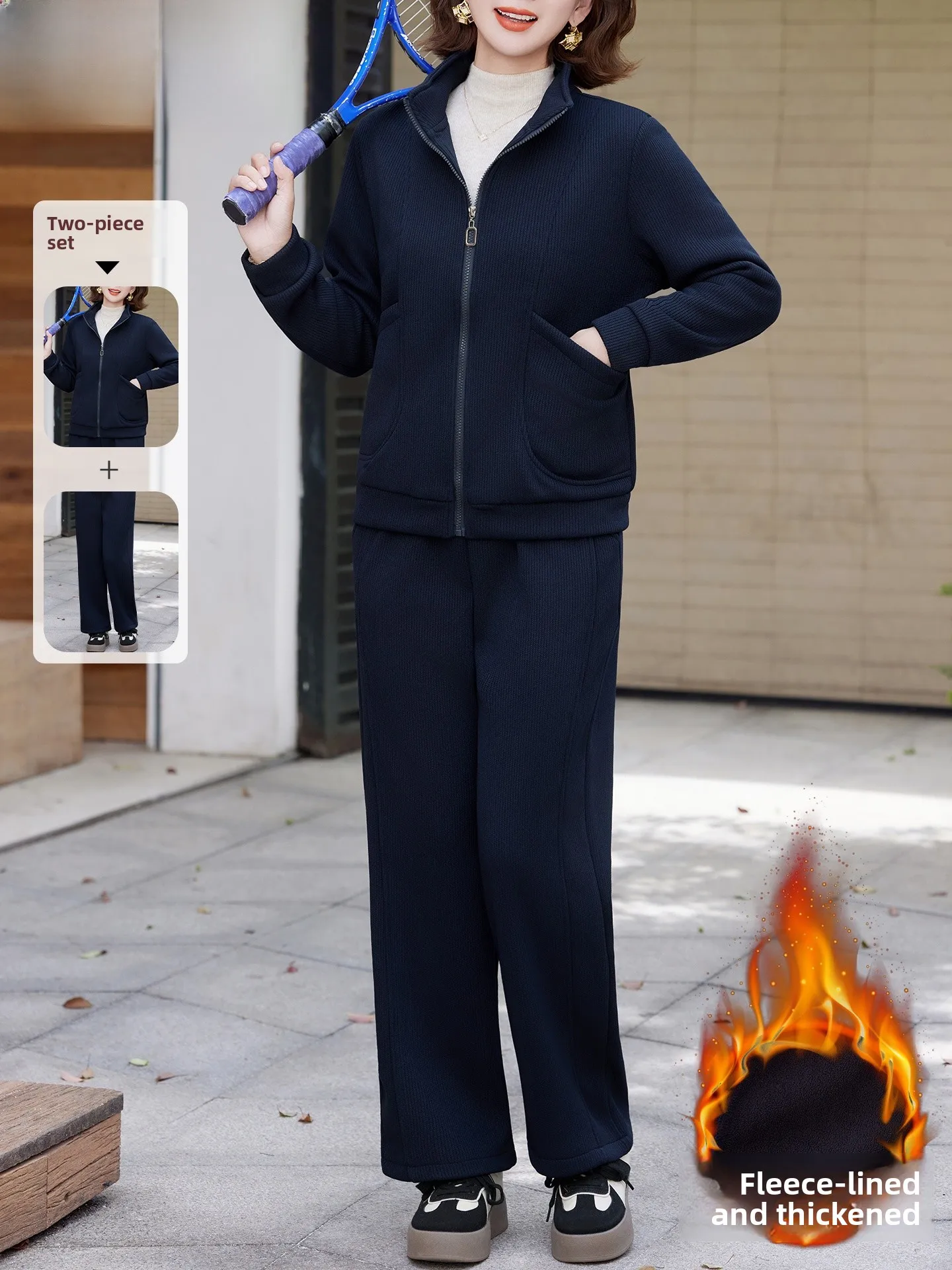 

Thiened Fce Lined Casual Sportswear Set for Mom Winter Warm Cotton Jaet Two Piece Suit Women's Stand Fit Long Pants