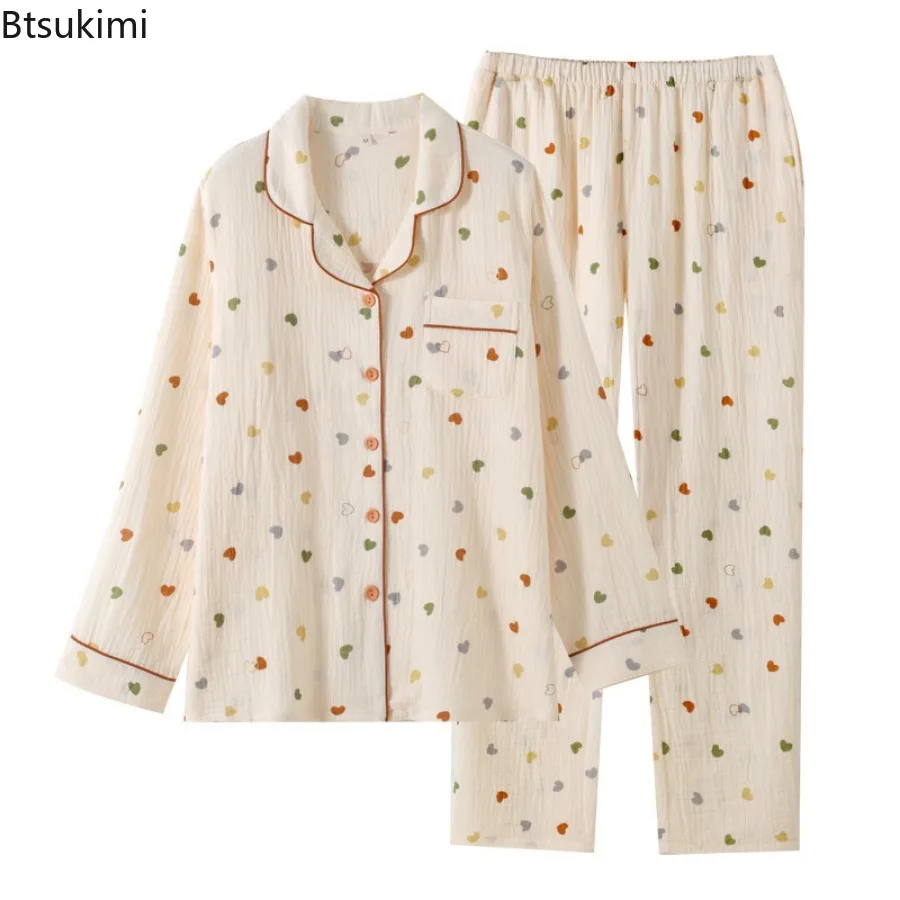 2025Women's Casual Soft Pajamas Set Heart Printed Cotton Turn-down Collar Long Sleeve Tops and Pant Sets for Sleepwear Household