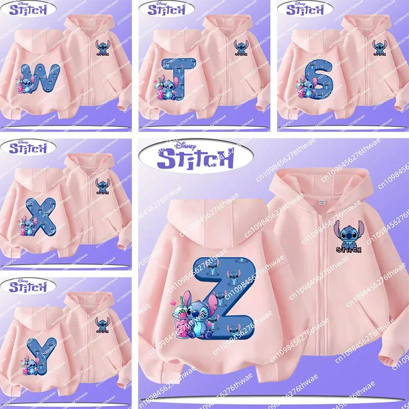 

Letter A-Z Disney children's zipper hooded sweatshirt, Stitch boys' and girls' cute casual top, sport shirt with cartoon print