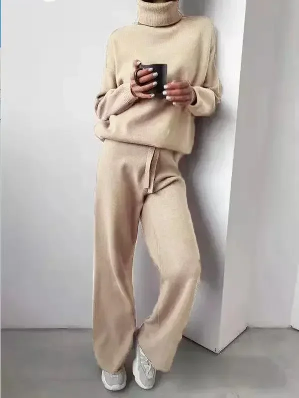 Women Two Piece Sets Pants Set Turtleneck Matching Sets Tops Sweaters Knitted Wide Leg Long Pants Set Splice Loose Autumn Winter