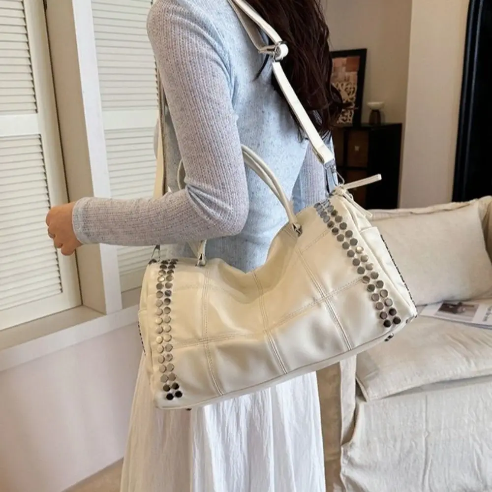 

PU Rivet Tote Bag Faux Leather Large Capacity Pillow Shoulder Bag Waterproof Detachable Shoulder Strap Motorcycle Crossbody Bag