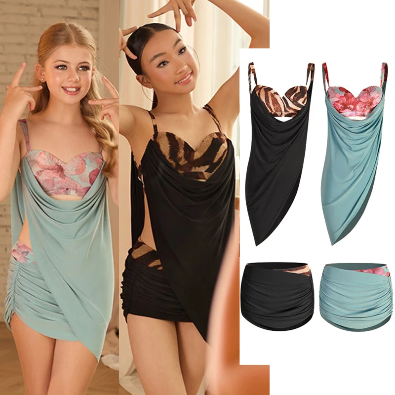 

ZYM Kids Latin Dance Clothes Summer Girls Irregular Tops Blue Black Short Skirt Chacha Rumba Tango Performance Practice Clothing
