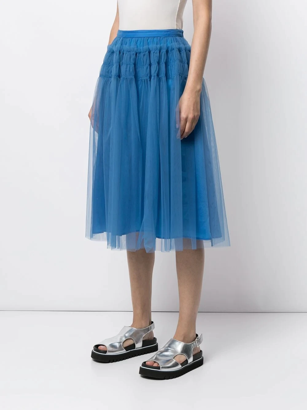 Modest Office Lady Blue Mid Tulle Skirts 2 Layer Soft Tulle And Lining Knee Length Tulle Skirt High Quality Female Tulle Skirt