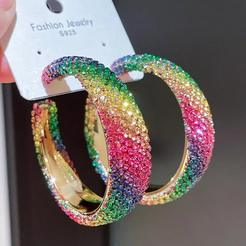 New Fashion Exaggerate Shiny Rhinestones Earrings Big Hoop Earrings Geometric Round Crystal Earrings Jewelry Accessories Gifts