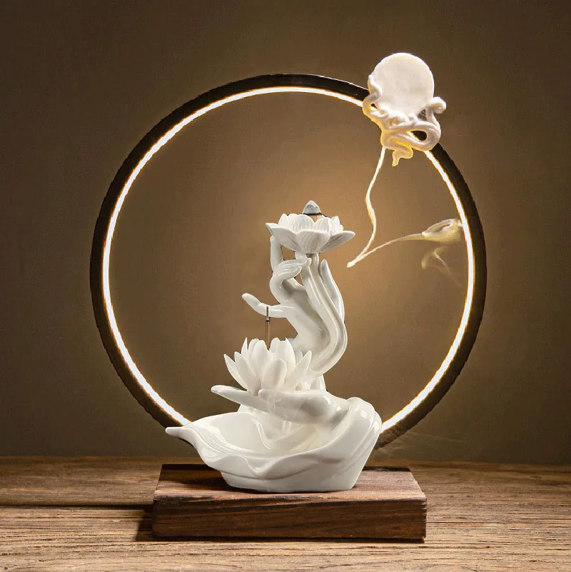 Chinese style Buddha\'s Hand Lotus LED Reflux Incense Burner Stand, Home Decoration Pure Handmade Lotus Fragrance Diffuser