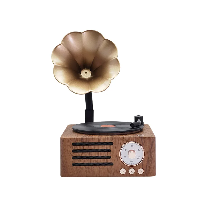 

Vinyl bluetooth speaker, wood grain retro portable rotating stereo