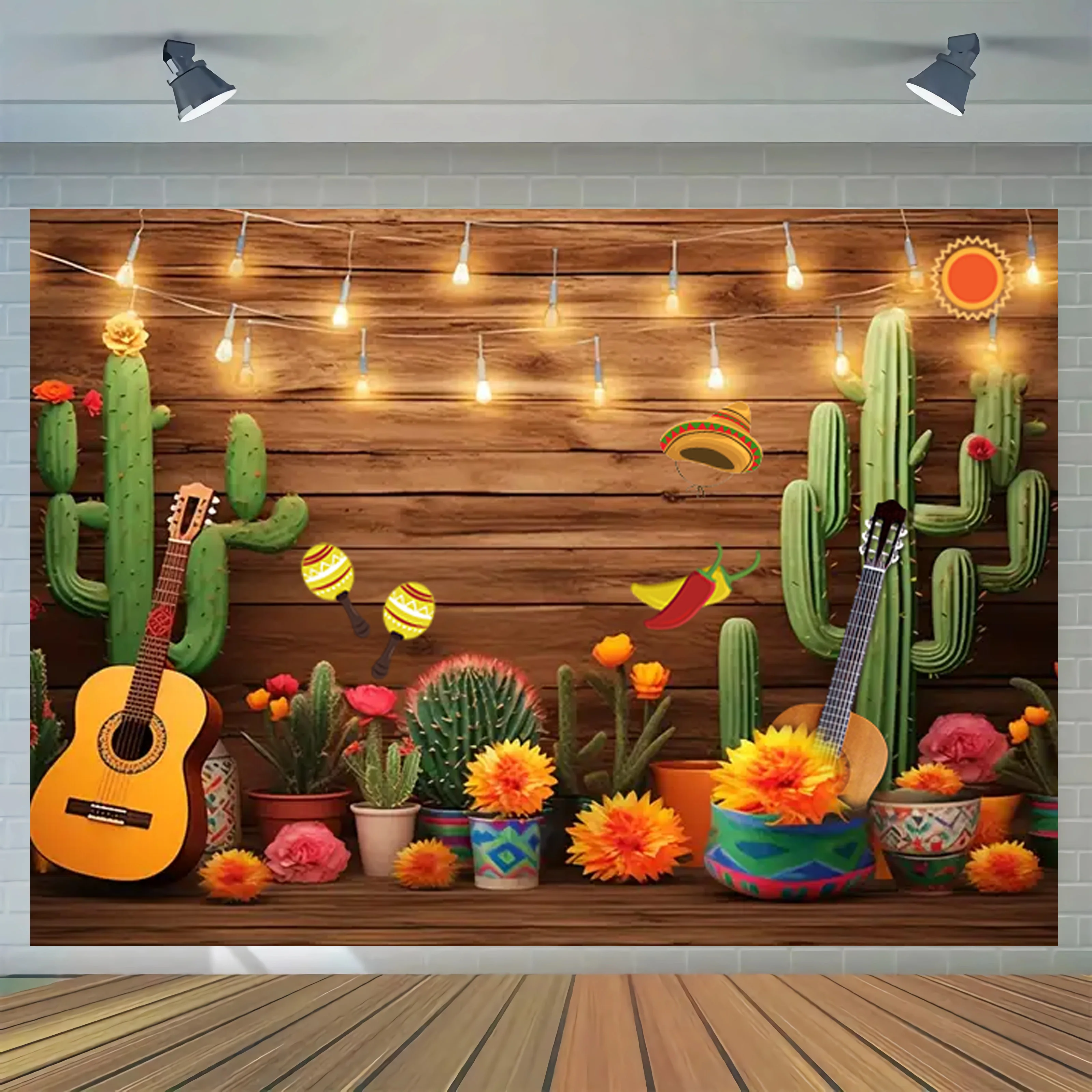 1pc Mexican Fiesta Theme Photography Backdrop Mexico Cactus Guitar Party Background Cinco de Mayo Colorful Flags Paper Flowers B