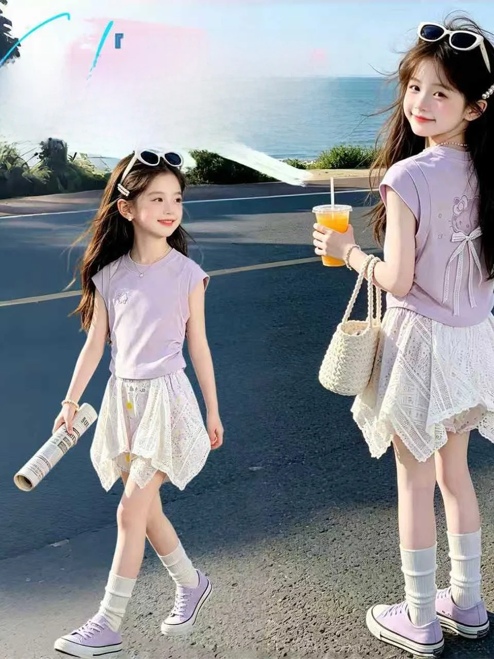 女の子向け新作夏服-ツーピースセット-パープルトップス-ショートスカートパンツ-おしゃれな韓国風子供服