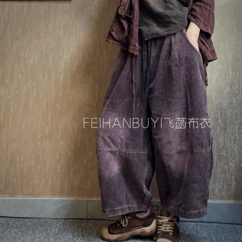 خريف جديد الفنون نمط المرأة مرونة الخصر فضفاضة عادية الكاحل طول السراويل عالية الجودة القطن سروال قصير خمر سراويلي حريمي FH99