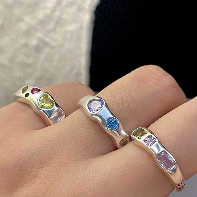 925 Cincin Perak Sterling untuk Wanita Batu Warna-warni Hati Cincin Jari Minimalis Terbuka Dapat Disesuaikan Band Mode Wanita Bijoux