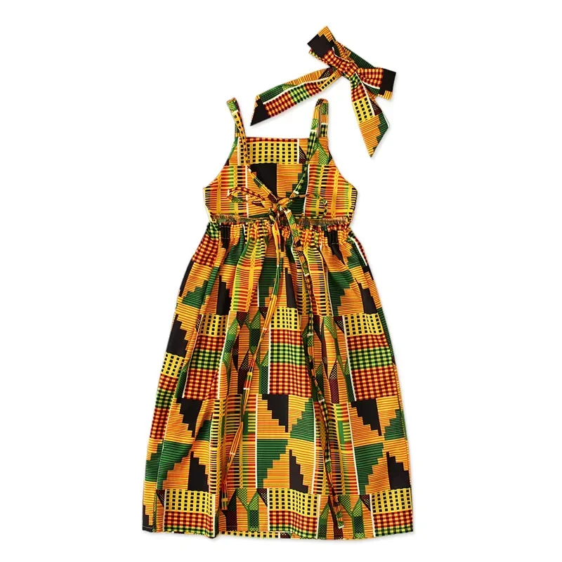 

Girls African Clothes Children Bazin Riche Dashiki Fashion Cute Dresses Striped Print Dress for Baby w/ Headband Toddler Outfits