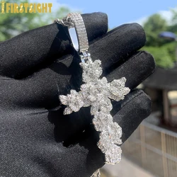 New Iced Out Bling Flower Cross Necklace For Women Men Silver Color Prong Setting Cubic Zirconia Rose Charm Hip Hop Jewelry