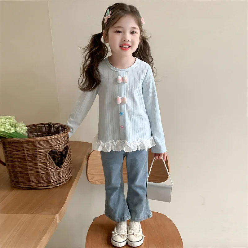 Fashion Solid Color Long Sleeved T-shirt For Girls New Base Shirt Versatile Top for Middle and Small Children