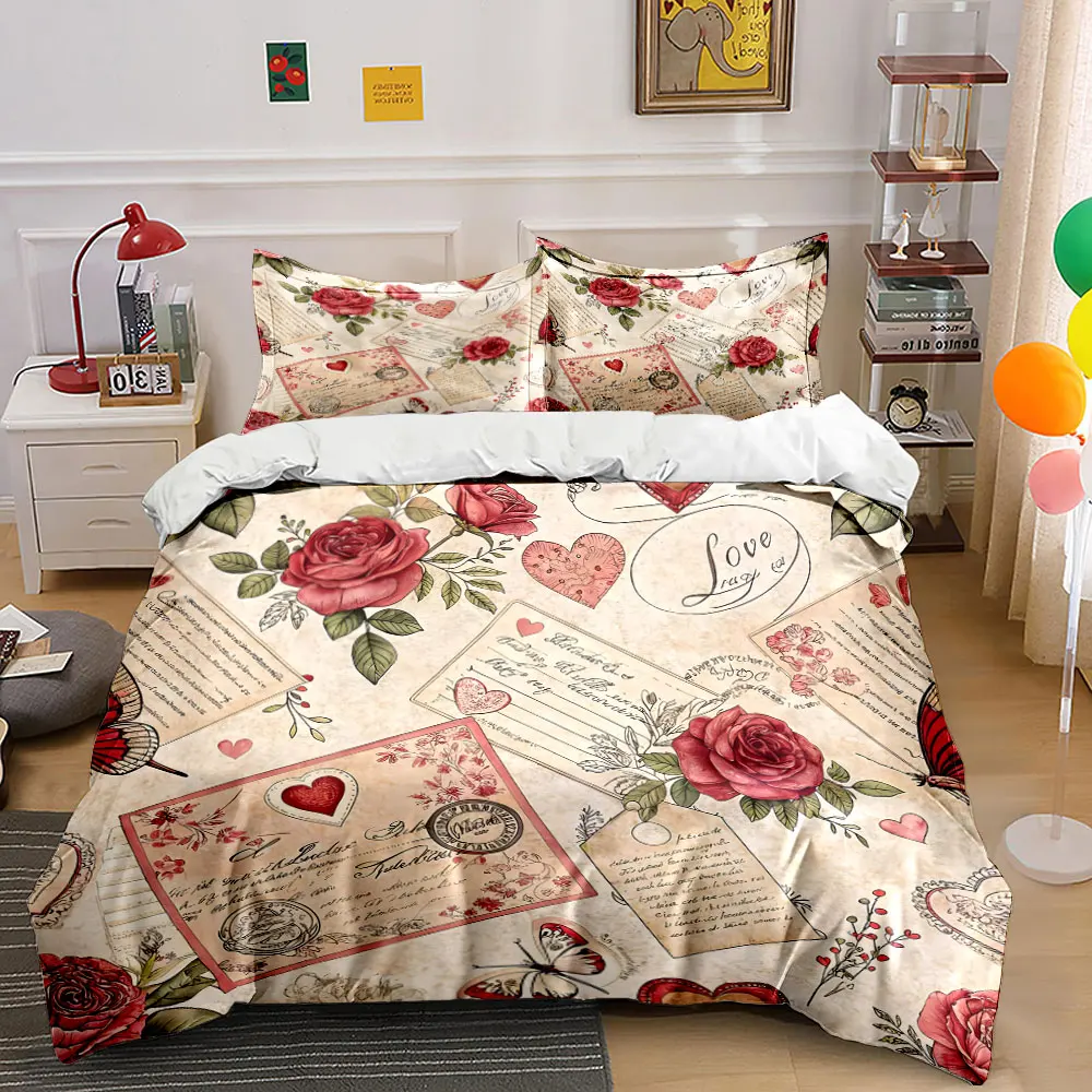

Vintage romantic roses and love letters Printed Duvet Cover Set 1 Duvet Cover+2 Pillowcase Multi Size Bedroom Bedding Decor