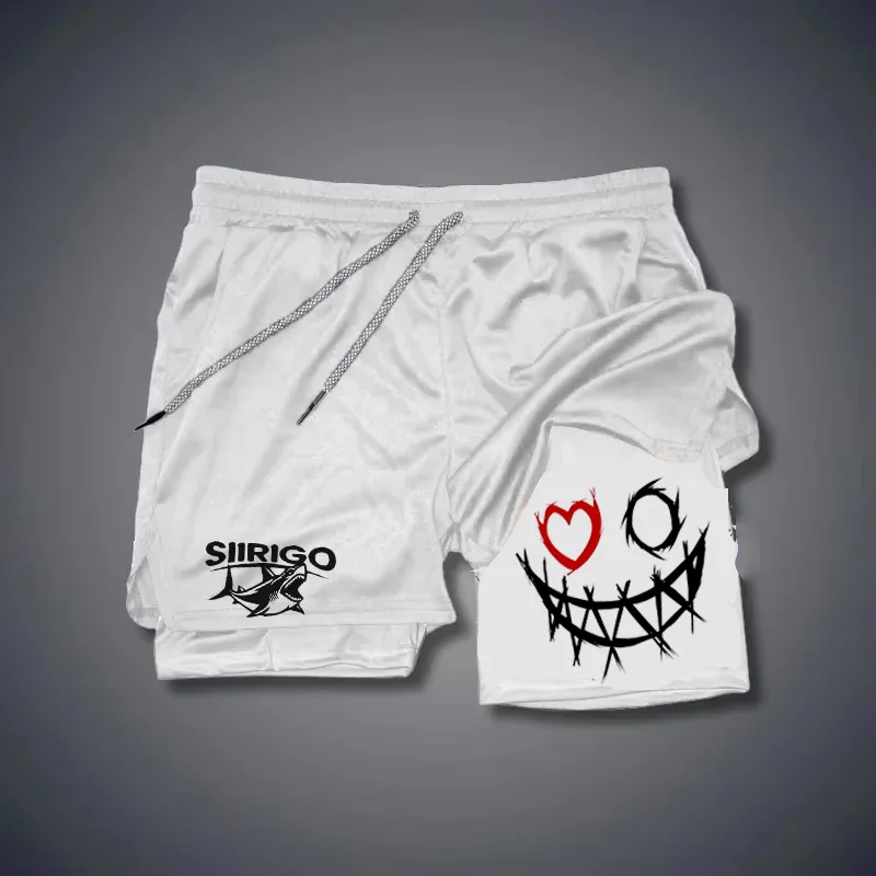Men's Smiling Face Printed Fitness Shorts Double-Layer 2-in-1 Quick Drying Fitness Outdoor Leisure Training Sports Shorts RL0234