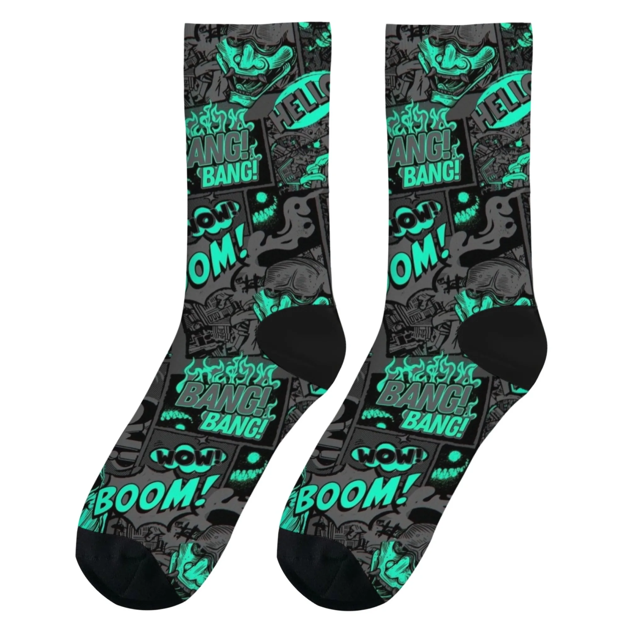 Unisex Neon Dark Comic Street Art Crew Socken BOOM BANG & Mystery Kapuzenfiguren-Druck weich für Straßenkultur-Fans und edgy Fashion