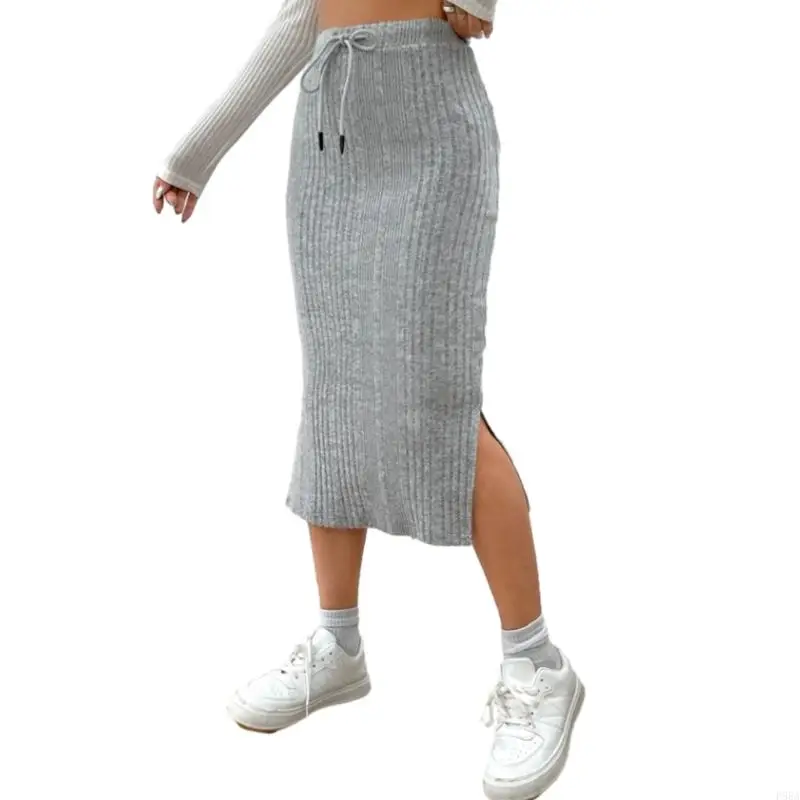 P88A Women Solid Color Ribbed Knit Side Slit Drawstring High Waist Bodycon Midi Skirt