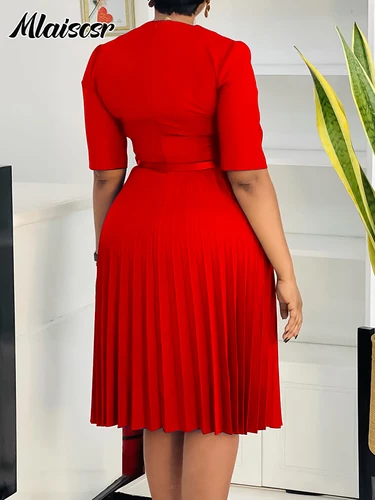 Imagen 2 del producto Mlaiscsr-vestido rojo nuevo con cuello en V para mujer, media manga plisada, corte en A, Vestidos medios, Vestidos africanos elegantes a la moda para trabajo de oficina