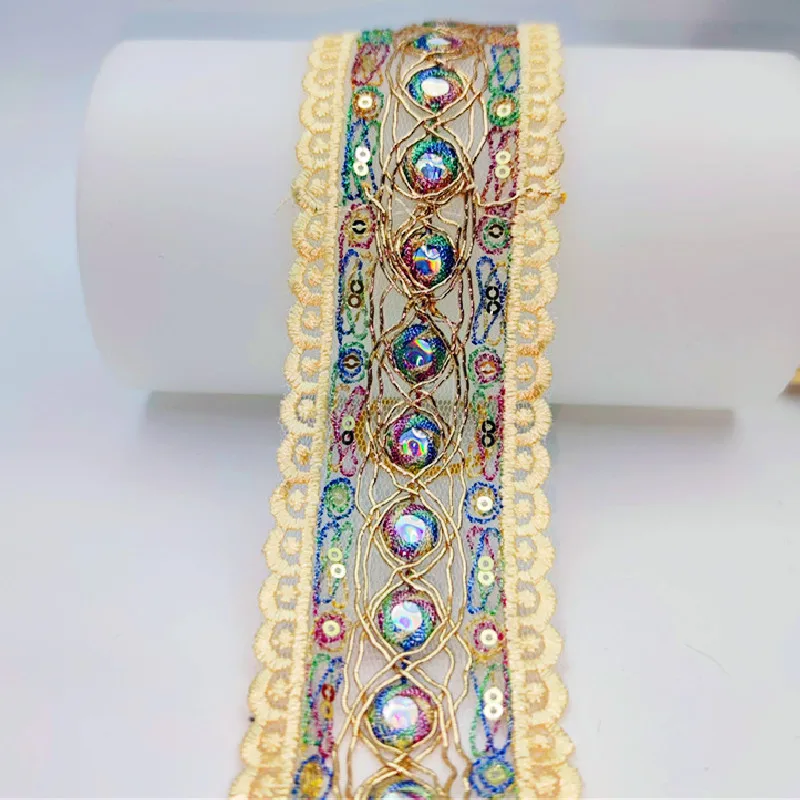 1 Yard Colorful 50mm Ethnic Yellow Gold Thread Sequins Webbing For Dress Embroidered Lace Fabric Trims DIY Sewing Accessorie