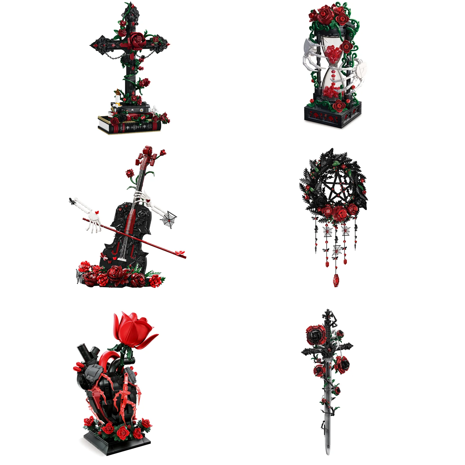Gothic Night Series Rose Cross Wreath Violin Building Blocks Set, MOC Model Assembly Toys Desktop Ornament, Birthday Gift