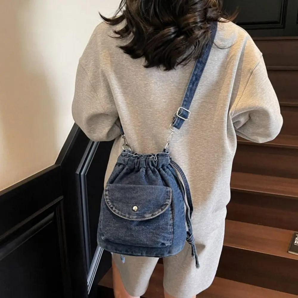 

Korean Style Retro Denim Shoulder Bag Purse Solid Color Drawstring Bucket Bag Crossbody Bag Wallet Bags Mobile Phone Bag Women