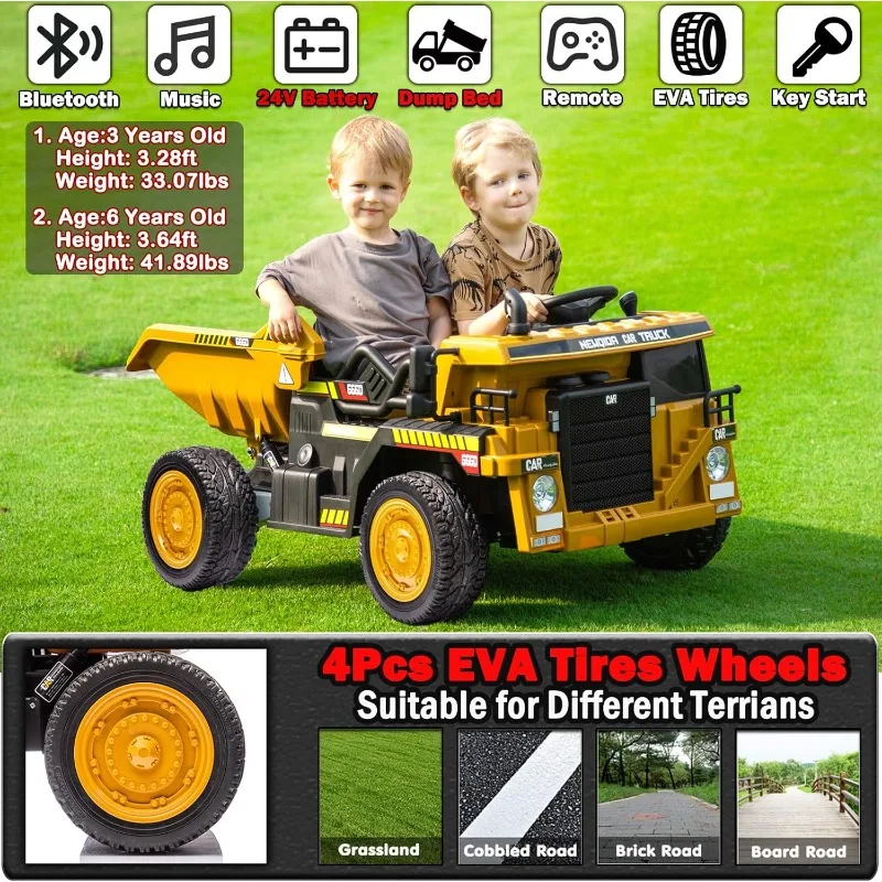 24V Ride on Dump Truck, Kids Electric Car with Remote Control, Ride on Construction Vehicles with Electric Dump Bed