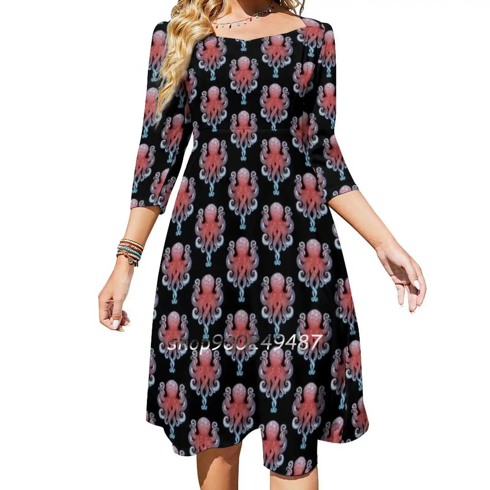 Dectapuss Sweet Elegant Dress Women Korean Kawaii Square Collar Dress Octopus Tentacles Animal Red Blue Dectapus Squid