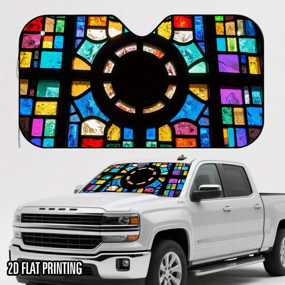 

1 шт. 2D плоский автомобильный солнцезащитный экран с дизайном витражного стекла - складной и простой в установке, сохраняет прохладу в салоне автомобиля, с 4 присосками, цветной