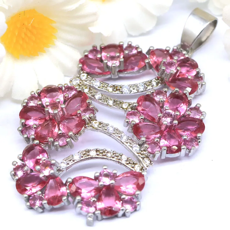 51x29mm Eye Catching created Rich Blue Aquamarine Pink Tourmaline White CZ Jewelry For Women Wedding Silver plated Pendant