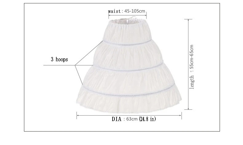 Weißer Kinder-Petticoat, A-Linie, 3 Reifen, einlagig, Krinoline, Spitzenbesatz, Blumenmädchenkleid, Unterrock, elastische Taille für Kinder – Detail 2