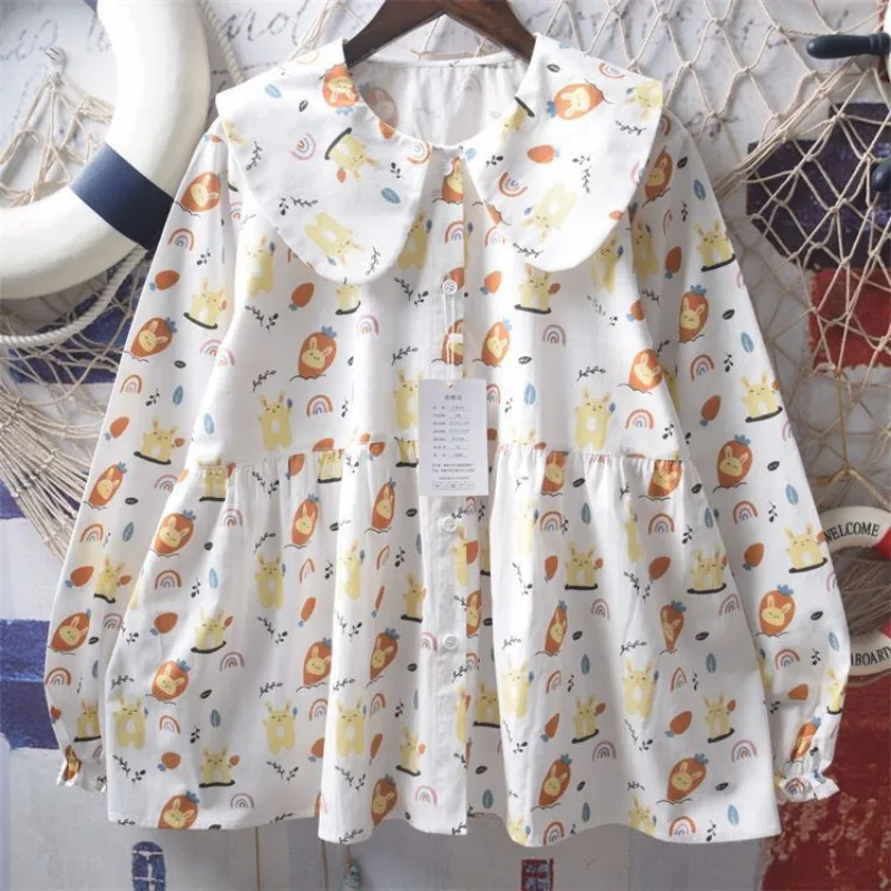

Women's Japanese Kawaii Peter Pan Collar Shirt Cute Cartoon Print Cotton Long Sleeve Blouse