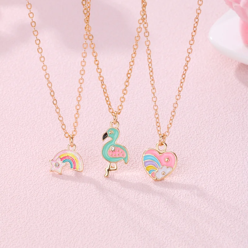 Luoluo&baby 3Pcs/set Cartoon Heart Rainbow Bird Pendant Necklace for Girl Kids Friendship BFF Necklaces Best Friend Jewelry Gift