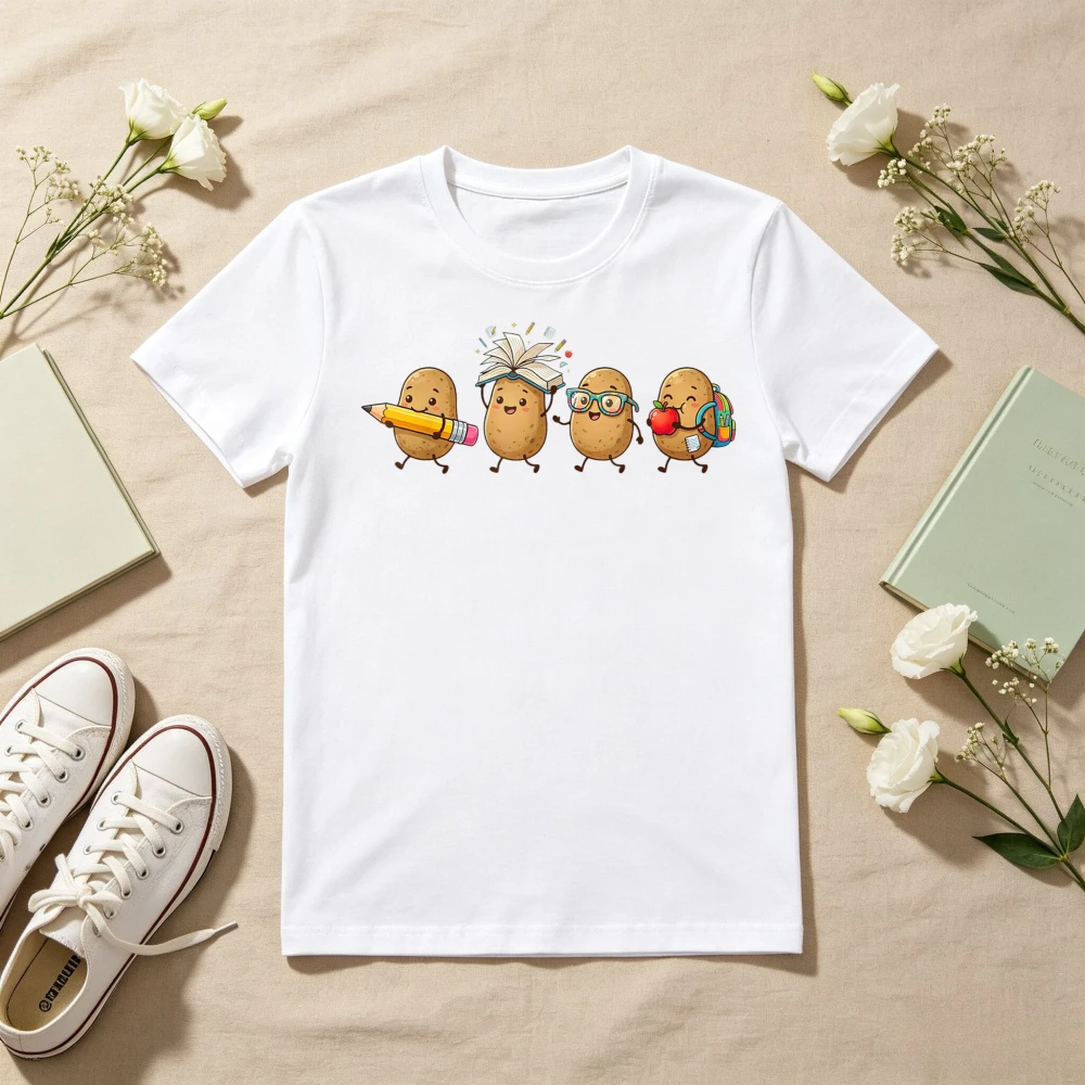 Funny Potato Teacher Student Cartoon Graphic Printed T-Shirt Casual Fahsion Loose Short Sleeve Harajuku O-neck Man Women Tees