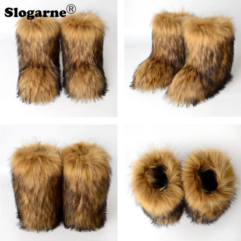 Y2K Fluffy Mid-calf Boots Winter Women Fashion Snow Boots Warm Cotton Shoes Ladies Faux Raccoon Fur Boots Furry Platform Shoes