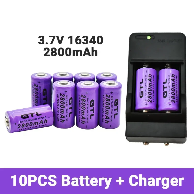 Batteries Li-ion 2800 rechargeables 3.7V, 16340 mAh, pour lampe de poche LED, chargeur mural de voyage, CR123A 16340