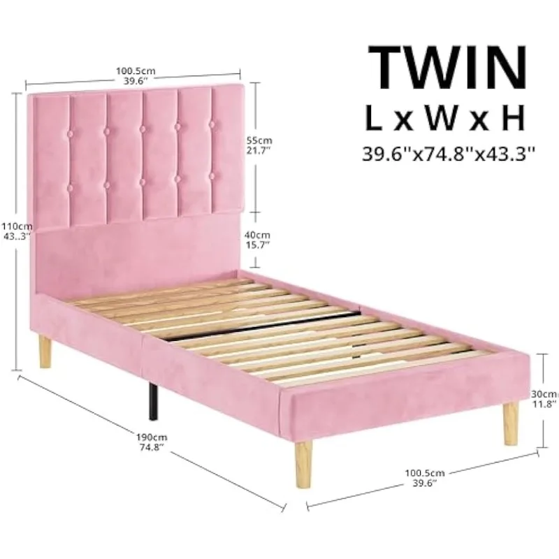 Twin Bed Frames, Velvet Upholstered Platform Bed Frame with Headboard and Strong Wooden Slats, No Box Spring Needed/Nois