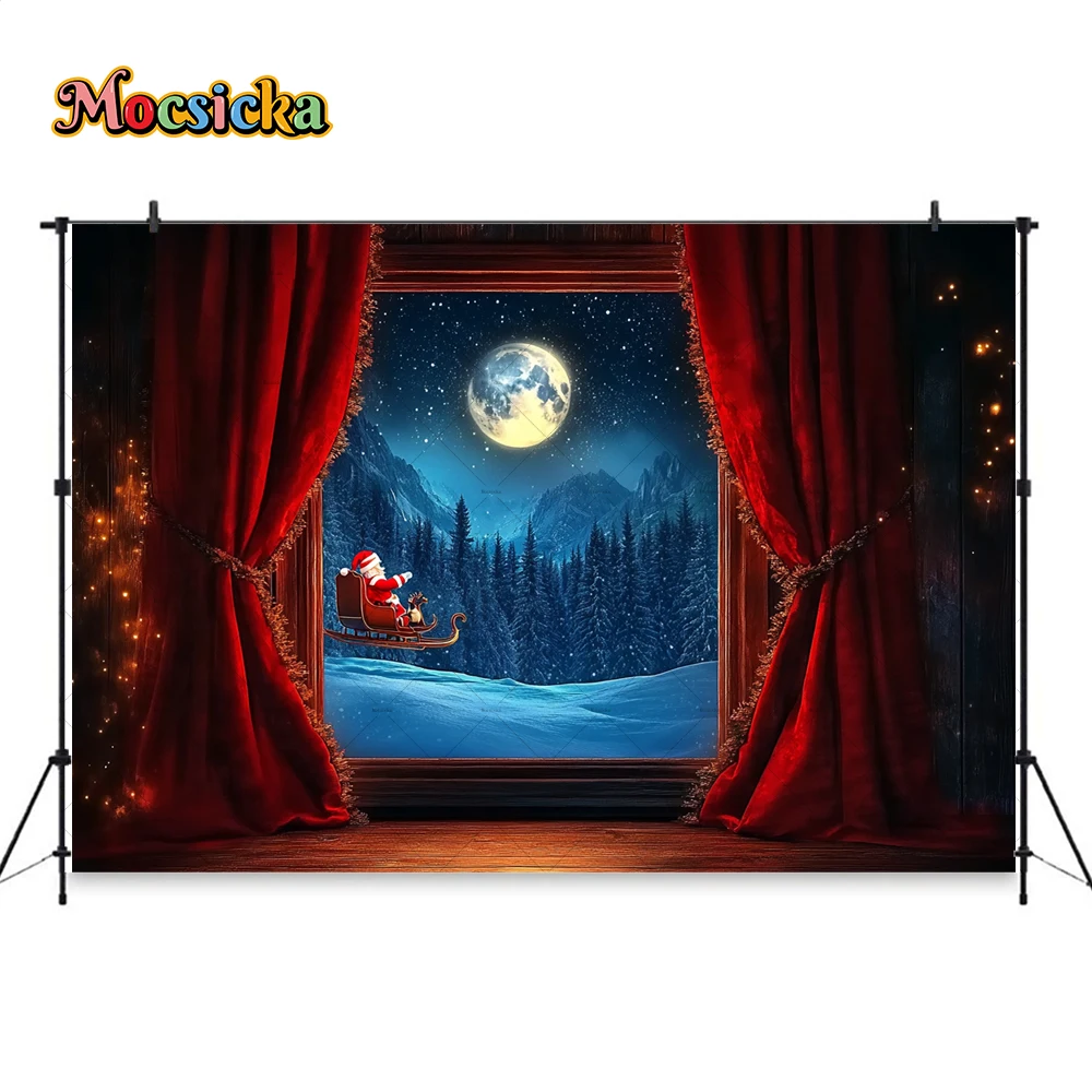 Mocsicka Christmas Night Background Photography Xmas Room Window Moon Red Curtain Backdrop Santa Claus Kids Winter Photo Studio