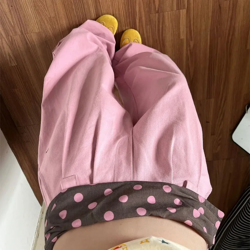 Dopamine Pink Polka Dot Spliced Trousers Female Clothing Wide Leg Summer High Waist Fashionable Zipper Folds Loose Casual Pants