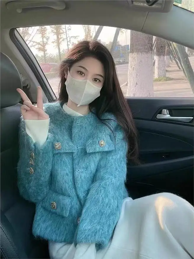 

Ele Blue Wrap Coat Women's Spring Autumn 2024 New High-End Mink Loose Thiened Top Faionable ort Outerwear