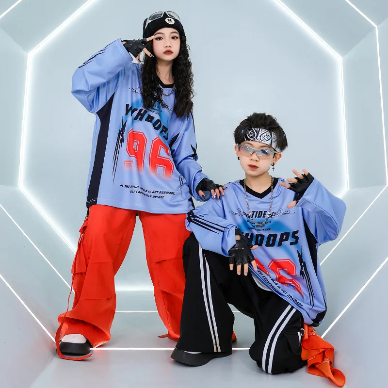 Kid Hip Hop Clothing Blue O Neck Letters Long Sleeve T Shirt Gray Casual Pocket Cargo Pants for Girl Boy Dance Costume Clothes