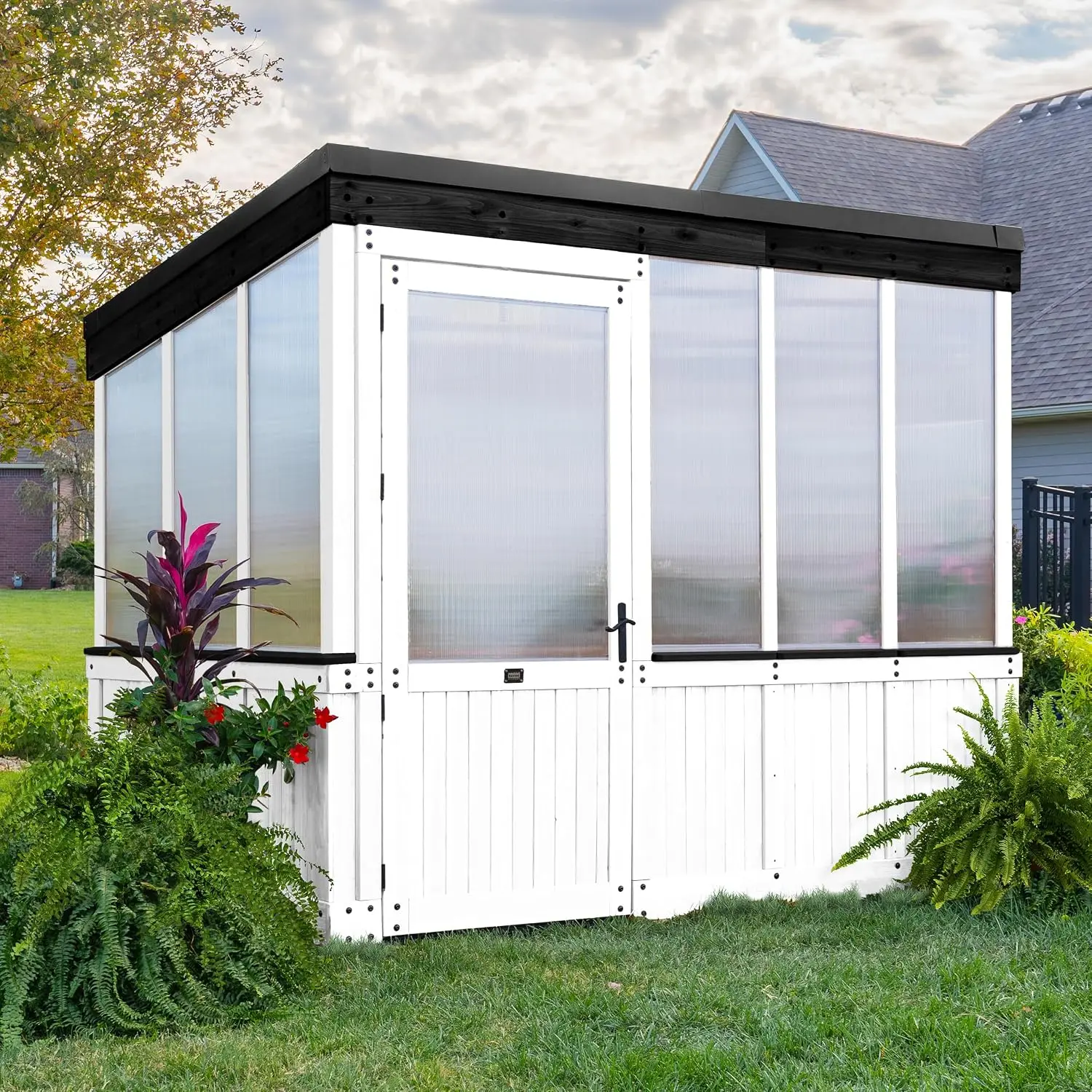 Willow 9' x 6' White Cedar Wood and Polycarbonate Walk-in Greenhouse Kit with Exhaust Fan, Windows, Hose Hook-Ups, PowerPort, St