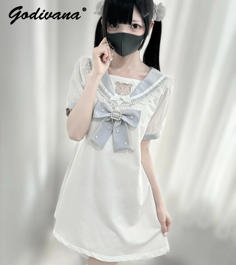 

Sweet Girls Pearl Lace Bow Bear Embroidery Sailor Collar Knitted Cotton Short Sleeve Dress Japanese Mass-Produced Loose Dresses