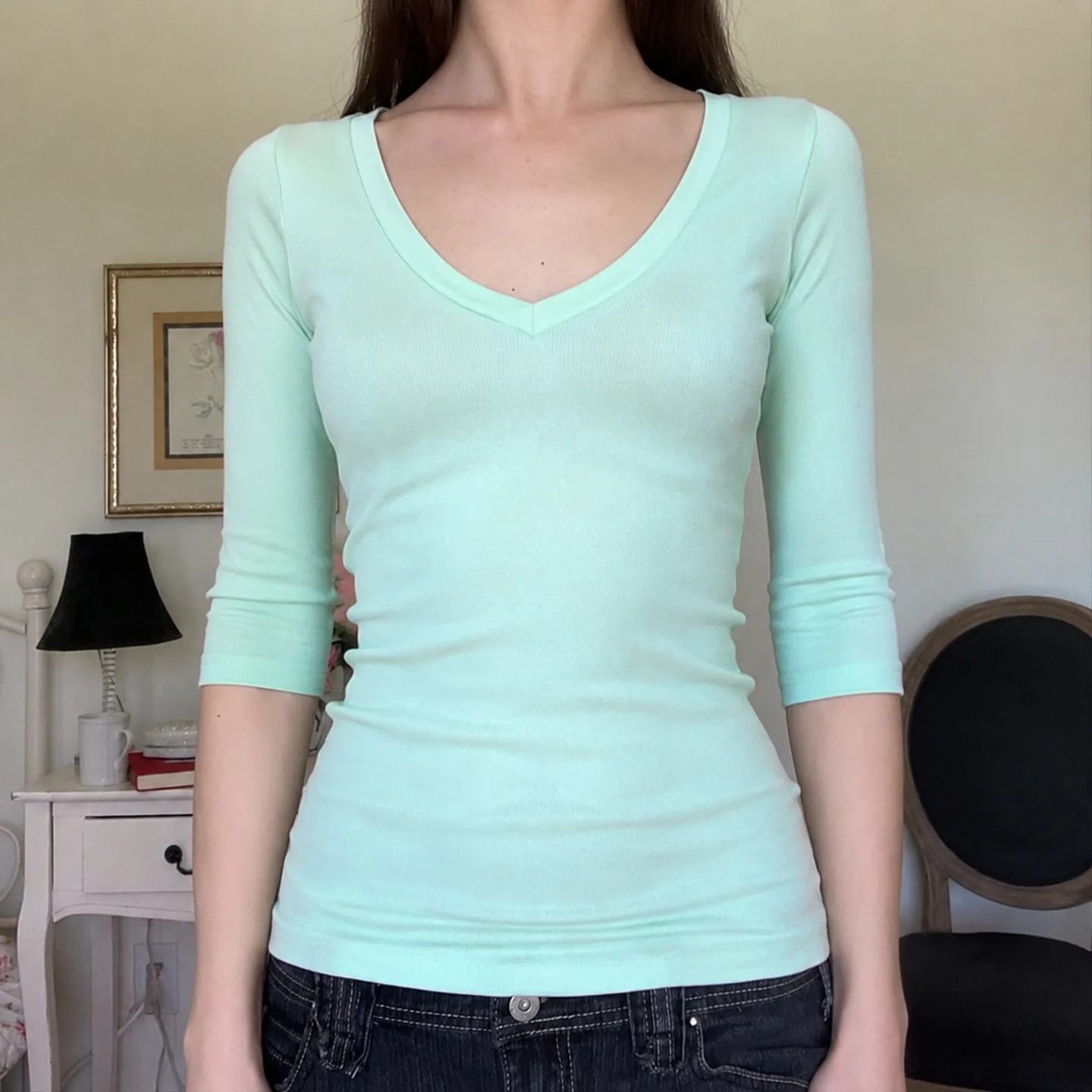 Slim Fit V-Neck Short Sleeve Knitted T-Shirt Basic Color Versatile Casual Fashion Street Style Women Summer Top