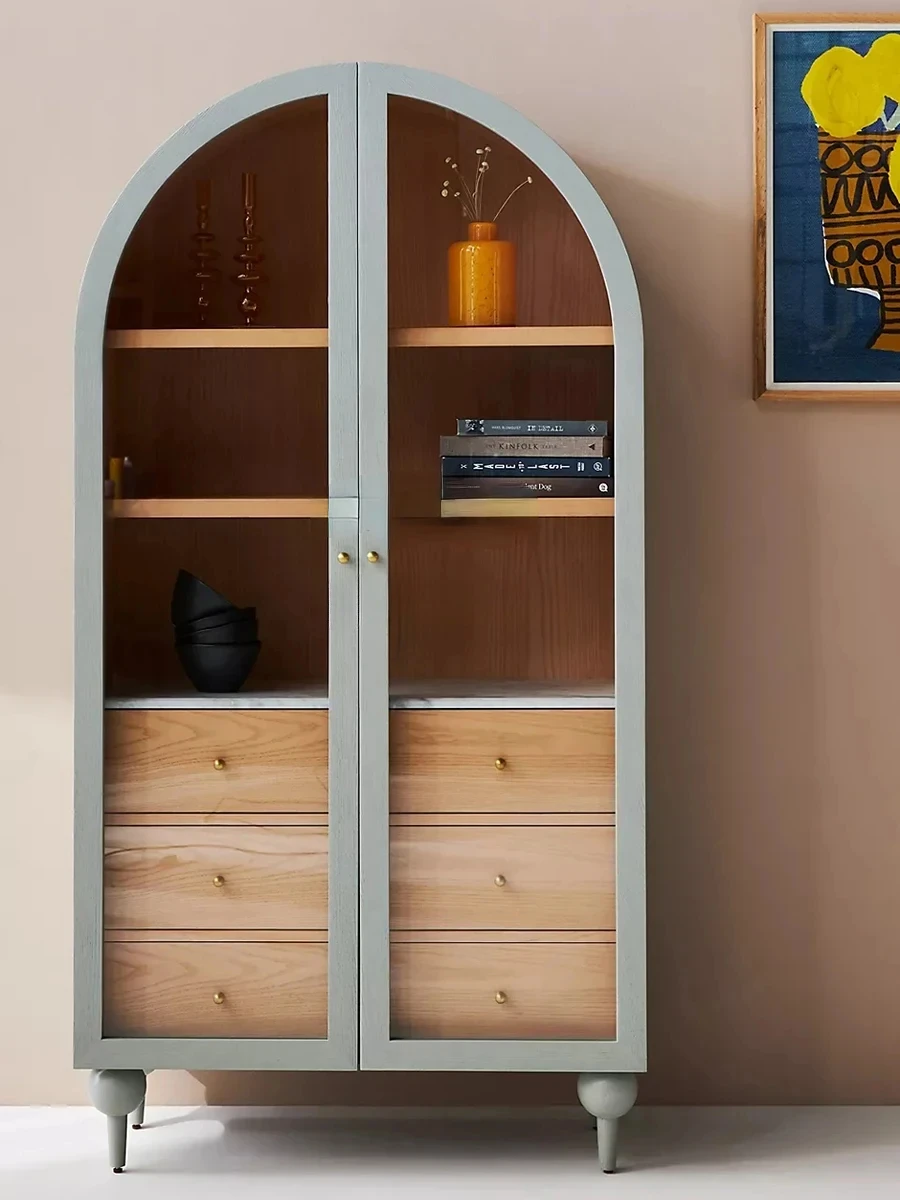 Armoire de rangement en verre à double porte arquée, bibliothèque rétro, buffet