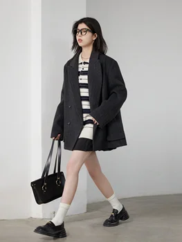 Women's Wool Blend Double-Breasted Blazer 6 CHIC VEN Women Woolen Blazer Loose Vintage V Neck Female Jacket Suit Double Breasted Office Ladies Coat Spring Autumn 2025 6