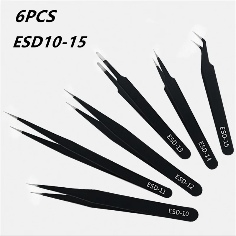 Aço inoxidável cílios Pinças, extensões de cílios, ESD10-15, Pinças sobrancelha, Lash Pinças Precision, 6pcs