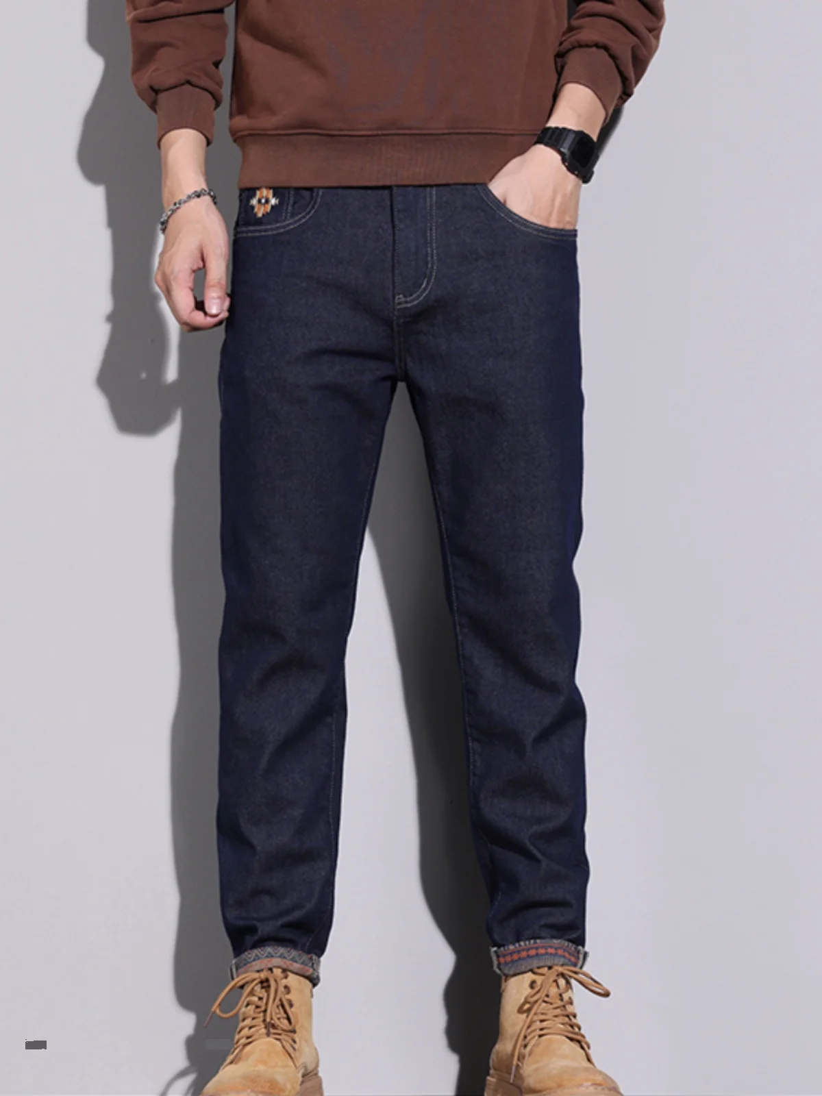 

High-End Men's Slim Fit Casual Jeans Deep Blue Original Color Inner Print Cotton Stretch Fabric mid Waist Zipper Closure