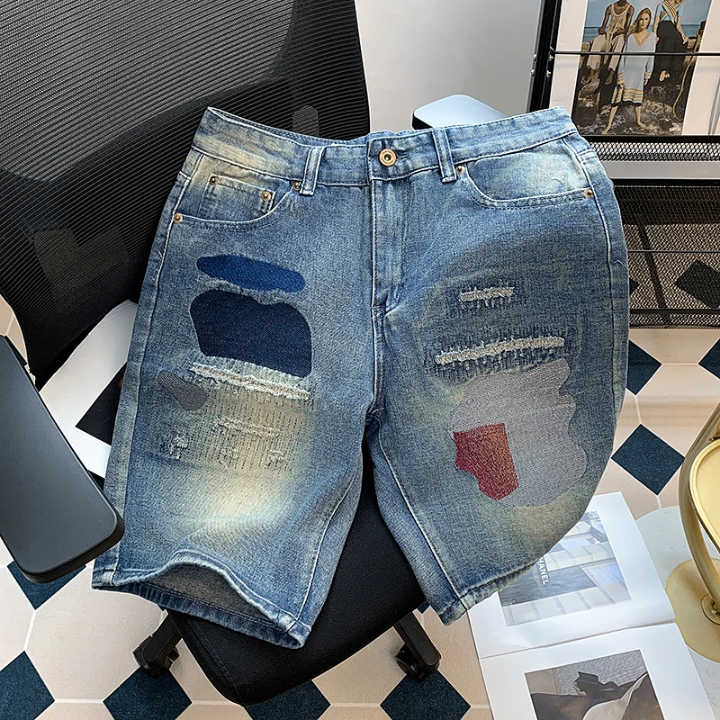 

2024 Men Summer Vintage High Waist Denim Shorts Men's Fashion Casual Loose Short Pants Male Streetwear Ripped Holes Shorts G205