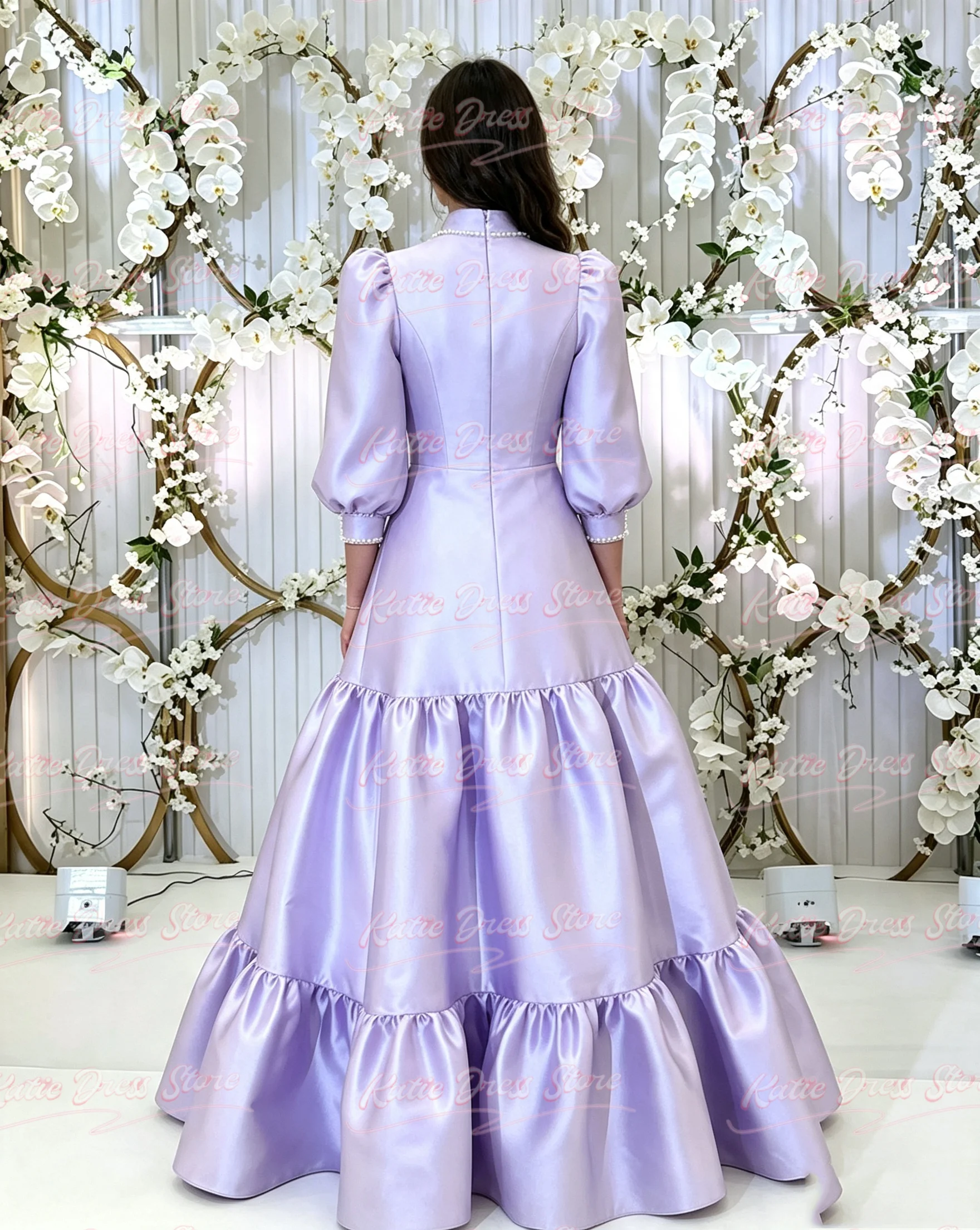Customized Satin Bridesmaid Dress For Women Balloon Sleeve A-line High Neck WIth Pearls Birthday Party Evening Ball Gown