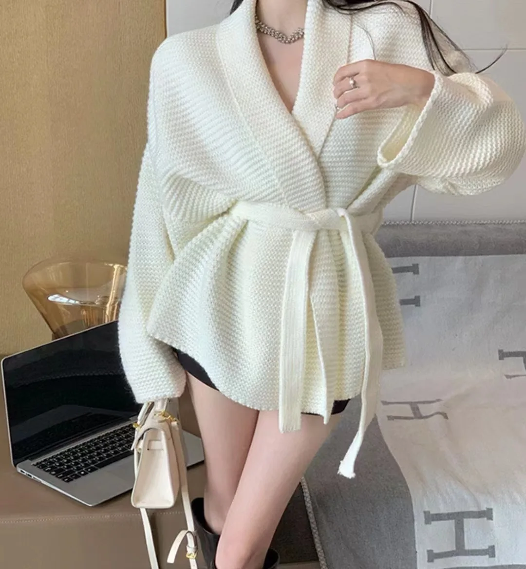 Bathrobe Style Tie Sweater Women 2024 Utumn Winter Korean Chic Sweater Coat Long Cardigan Loose All-match Knitted Tops Female